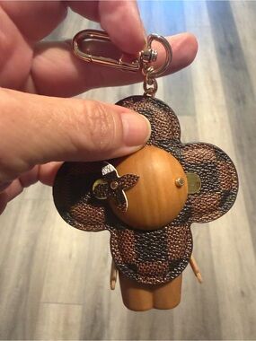 Brown Floral Leatherette Keychain Charm with Gold Hardware
